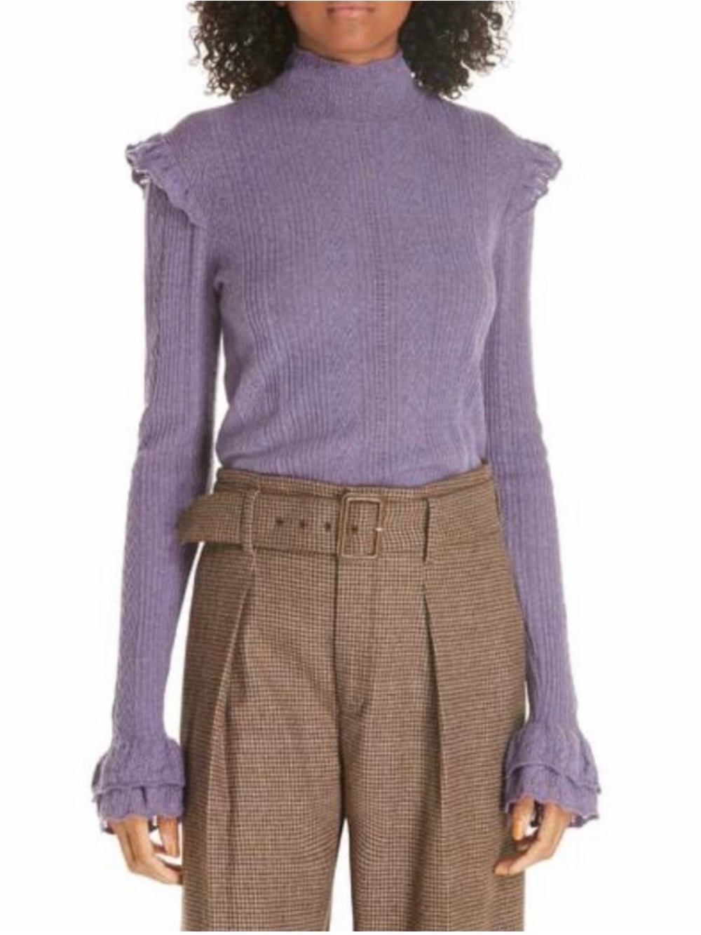Polo Ralph Lauren Wool Ruffle Pointelle Cable Knit Sweater Size Small Purple